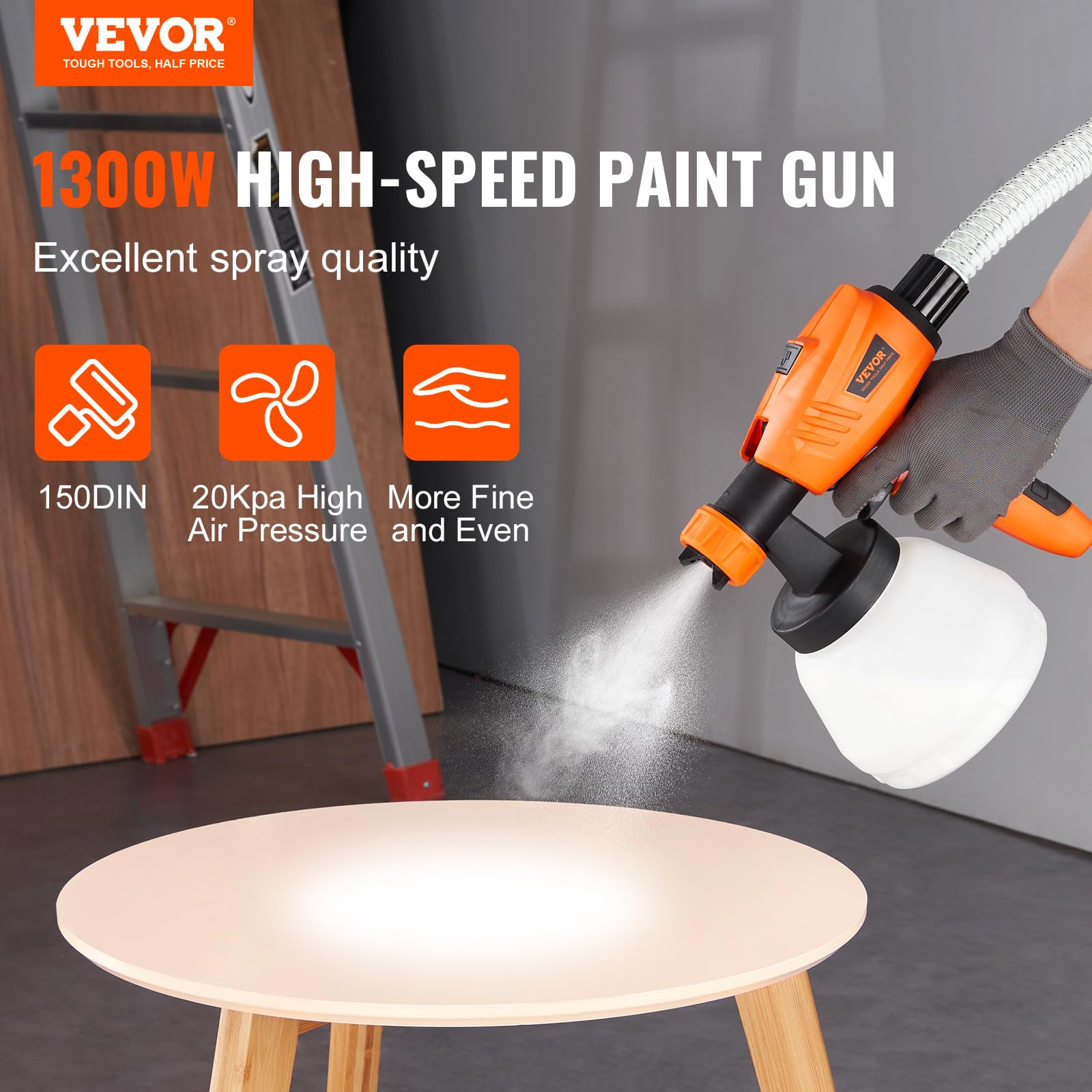 Vevor Paint Sprayer, 1300W Electric Spray Paint Gun With Air Hose, 1300Ml And 800 Ml Containers, 5 Copper Nozzles, 150 Din Hvlp